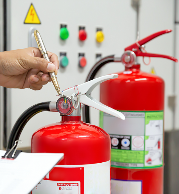 A person checks the pressure gauge on a red fire extinguisher, while holding a clipboard and pen. Another fire extinguisher and a control panel with colored buttons are visible in the background, emphasizing the importance of regularly inspecting fire extinguishers for safety.