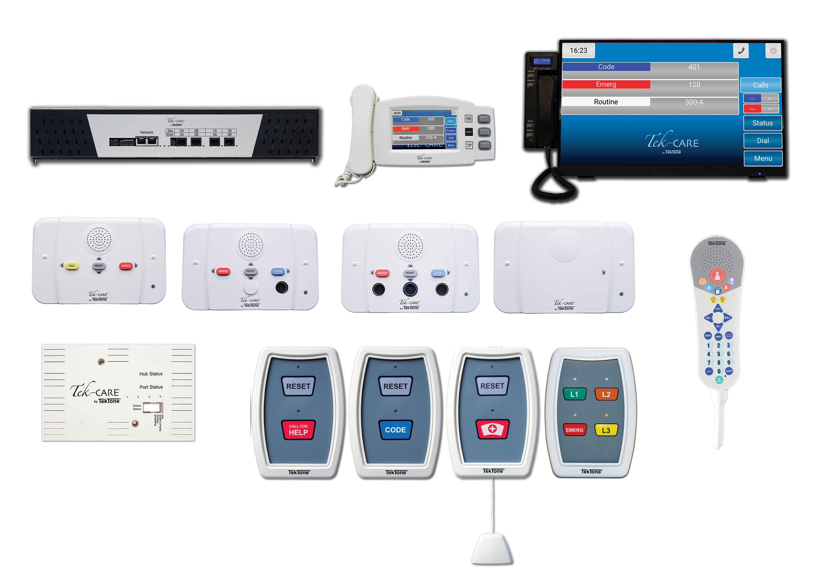 A collection of advanced nurse call systems and healthcare communication devices, featuring a wall-mounted screen, intercom, control panels, and a handheld remote.