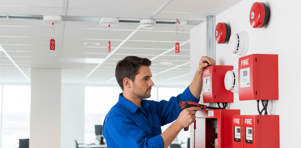 A man in a blue shirt installs or repairs a commercial fire alarm system control panel in a modern office setting, using a screwdriver. 