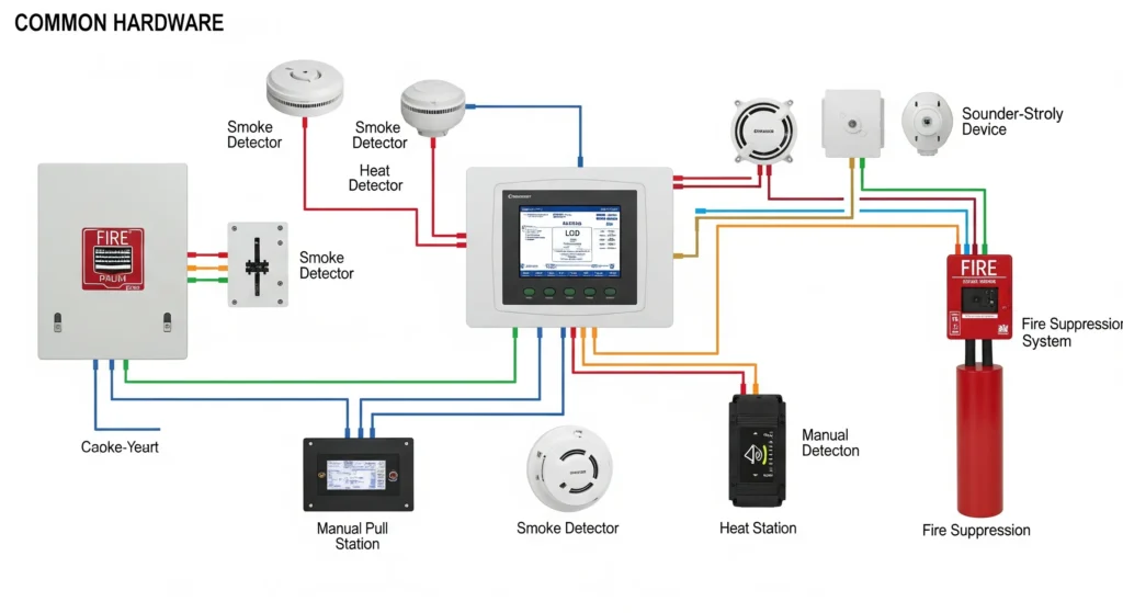 Diagram illustrating interconnected fire safety devices—smoke detectors, heat stations, manual pull stations, control panels, and a fire suppression system—labeled as common hardware in a commercial fire alarm system.